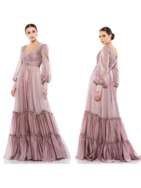 Mac Duggal Faux Wrap Long Sleeve Tiered Size 4 Mocha Satin Chiffon Gown NWT #BW